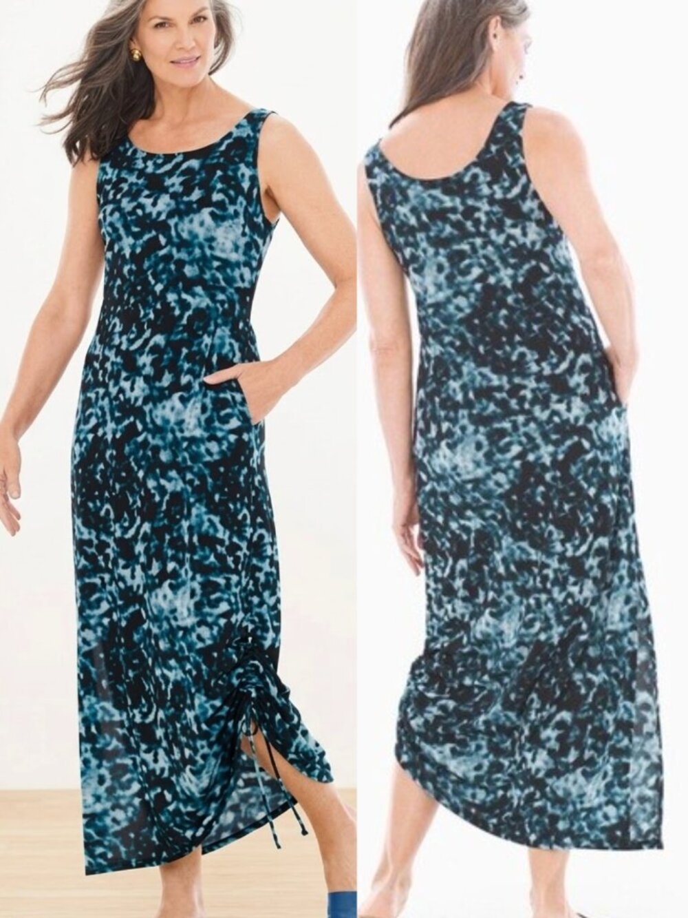 SOMA Crepe Drawcord Sleeveless Maxi Dress Blue Black Tie Dye Ruched Drawstring